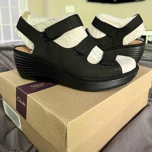 Clarks Black Reedly Juno Wedge Sandals